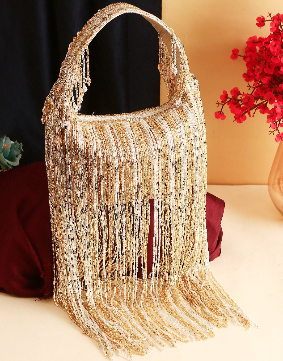 Gold Silver-Toned Tassel Embellished Box Clutch